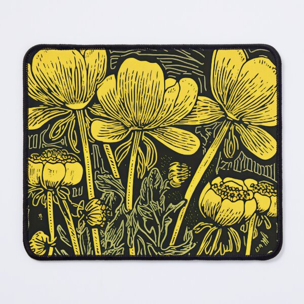 Item preview, Vibrant Marsh Marigold Woodcut Style Illustration -- Yellow on Black Background designed and sold by curiouserthings.