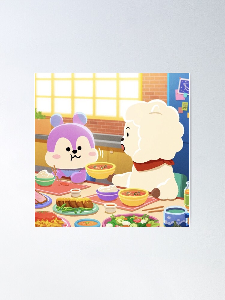 BTS BT21 RJ and Mang eating together new mang without mask ( Jin and JHope  in the military ) cute aesthetic sqyirrel and alpaca Poster for Sale by  Glacieux