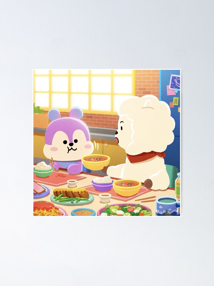 BTS BT21 RJ and Mang eating together new mang without mask ( Jin and JHope  in the military ) cute aesthetic sqyirrel and alpaca Poster for Sale by  Glacieux
