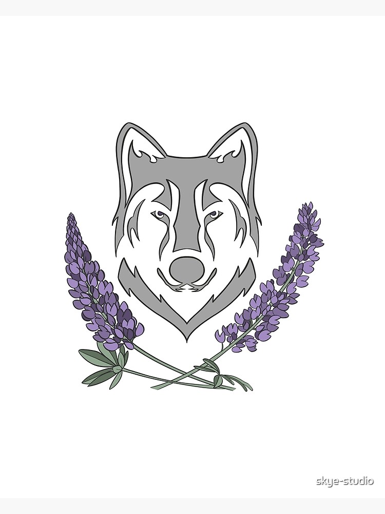 Gray Wolf with Lupine Flowers Nature Design Symbolic Art Poster