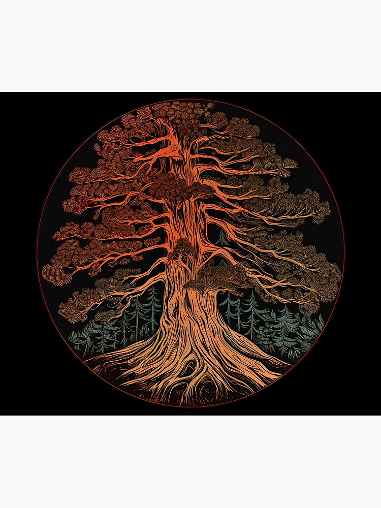 Disover Whimsical Redwood Illustration on circular black background Shower Curtain