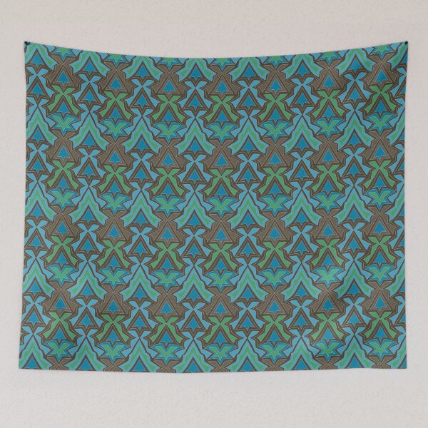 Item preview, "Arrowhead" Abstract pattern of triangular and star shapes. Brown, green, blue, teal designed and sold by NurturingSpirit.