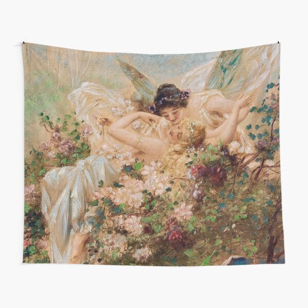 Floral Tapestry, Angel Girl Silhouette with Blooming Rainbow