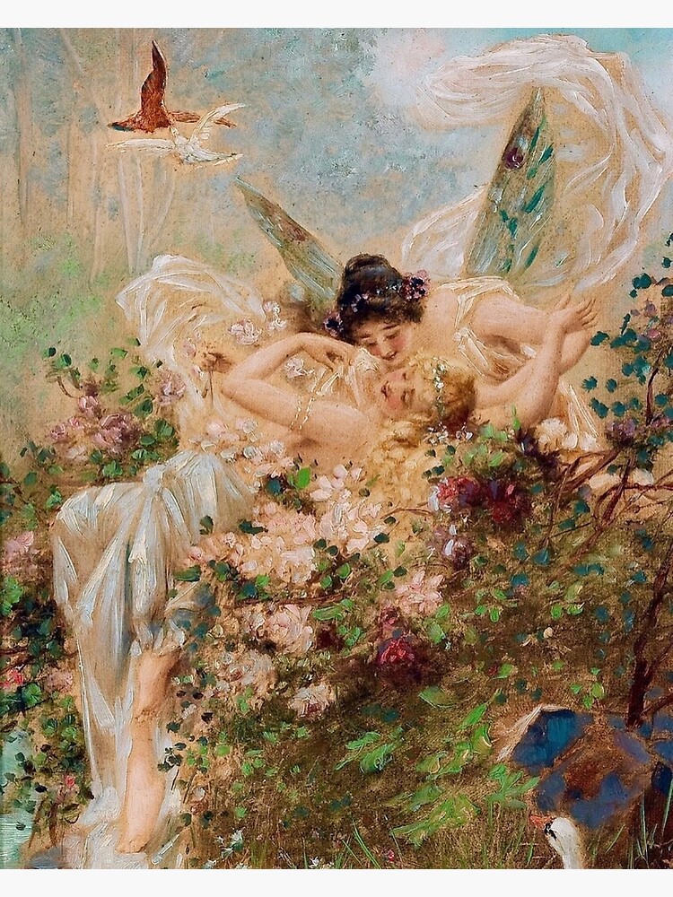 Thumbnail 3 of 3, Photographic Print, Two Fairies Embracing in a Landscape with a Swan // Hans Zatzka designed and sold by engiel.