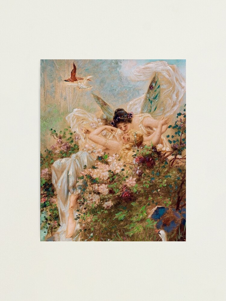 Thumbnail 2 of 3, Photographic Print, Two Fairies Embracing in a Landscape with a Swan // Hans Zatzka designed and sold by engiel.