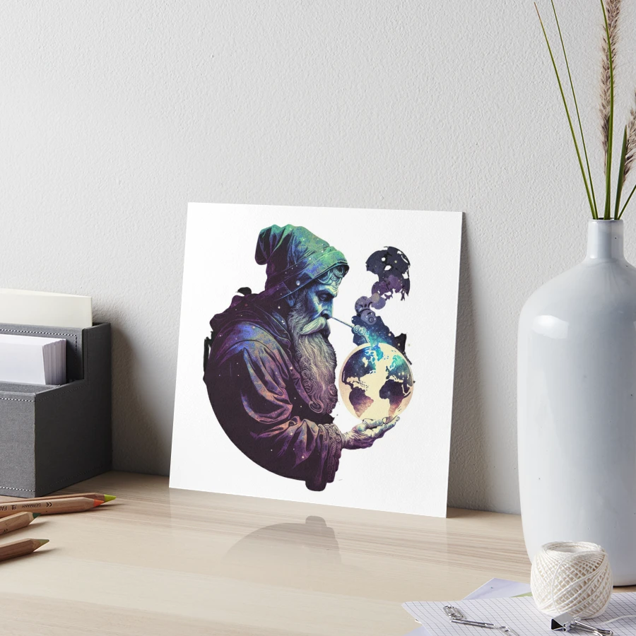 a vintage-style wizard smoking a pipe and holding an Art Board