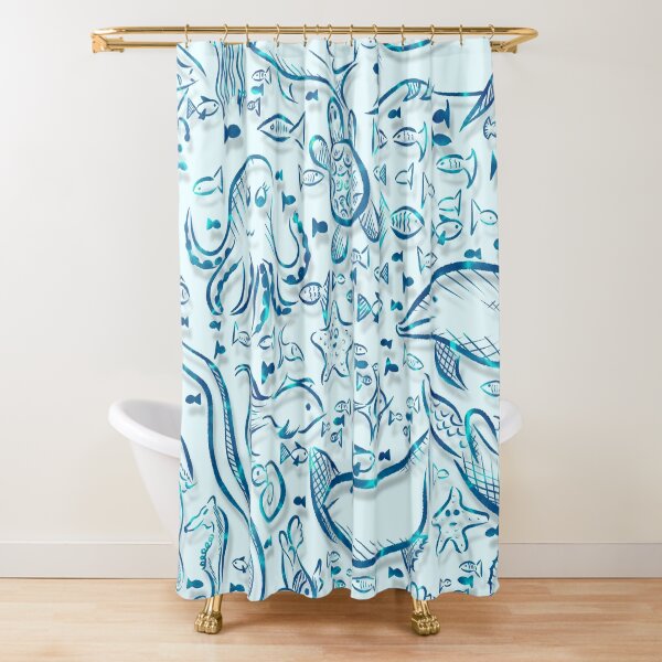 Sea Life with Fish Doodle Art / Cute Sketchy Art for Girls and Women Shower Curtain