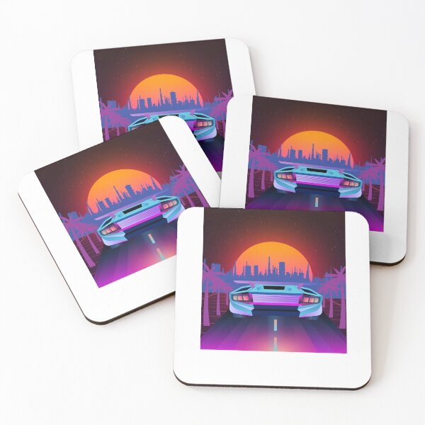 Artikelvorschau, Sonnenuntergang im Synthwave-Stil über der Stadt und dem Auto entworfen und verkauft von Szafone.