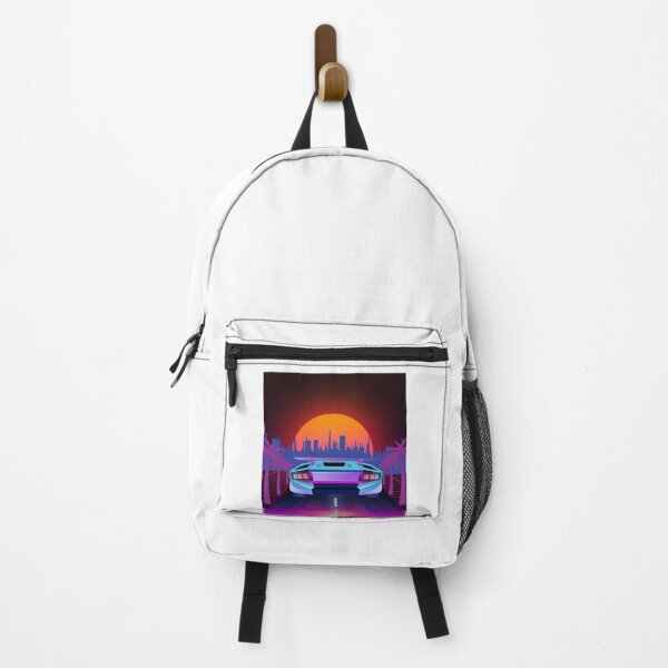 Artikelvorschau, Sonnenuntergang im Synthwave-Stil über der Stadt und dem Auto entworfen und verkauft von Szafone.