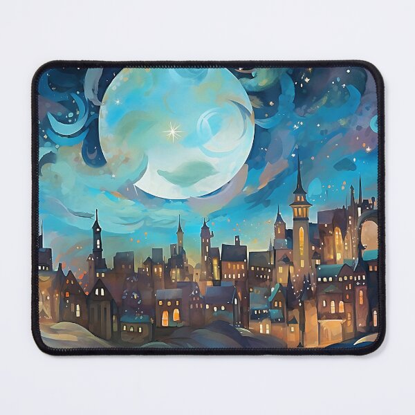 Item preview, Dreamlike city at night with the moon in the sky illustration designed and sold by ZvekiVintage.