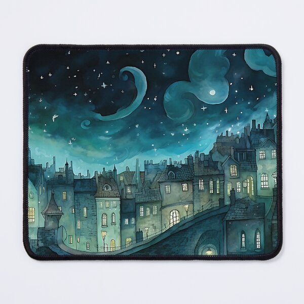 Item preview, Dreamlike city at night with the stars and the moon in the sky illustration designed and sold by ZvekiVintage.