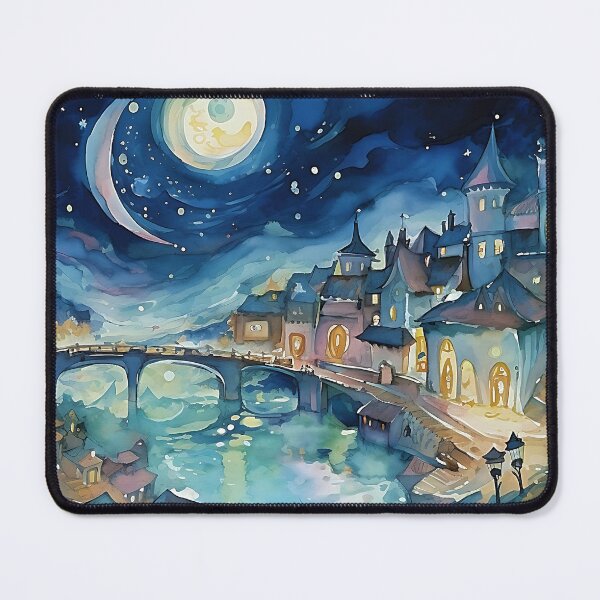 Item preview, Fantasy city at night with the stars and the moon in the sky illustration designed and sold by ZvekiVintage.
