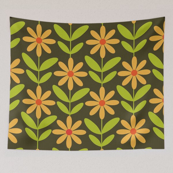 Item preview, Orange Mod Flowers Pattern with Lime Green Leaves designed and sold by Yasminepatterns .