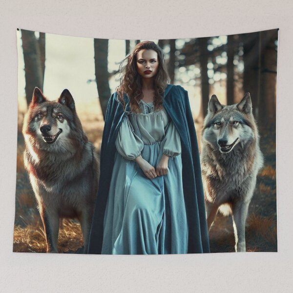 Item preview, woman with wolves in the forest clearing and wolves  designed and sold by JaroDesign2023.