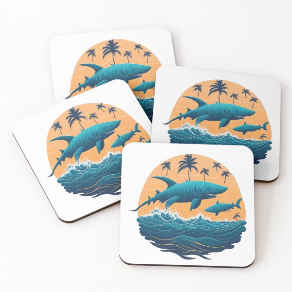 Item preview, A shark in the atlantic ocean with a sunset  palm tress background designed and sold by HelioWears.