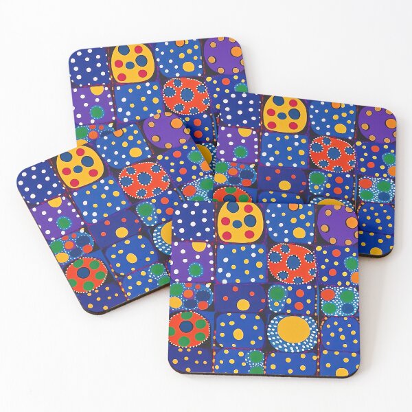 Item preview, Midnight blue and purple pattern grid with blue background and yellow, red, orange and green dots designed and sold by HandEmporium.