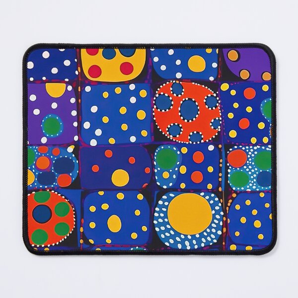 Item preview, Midnight blue and purple pattern grid with blue background and yellow, red, orange and green dots designed and sold by HandEmporium.