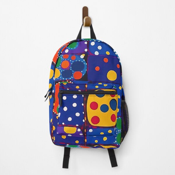 Item preview, Midnight blue and purple pattern grid with blue background and yellow, red, orange and green dots designed and sold by HandEmporium.