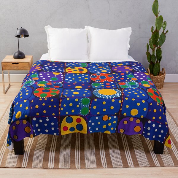 Item preview, Midnight blue and purple pattern grid with blue background and yellow, red, orange and green dots designed and sold by HandEmporium.