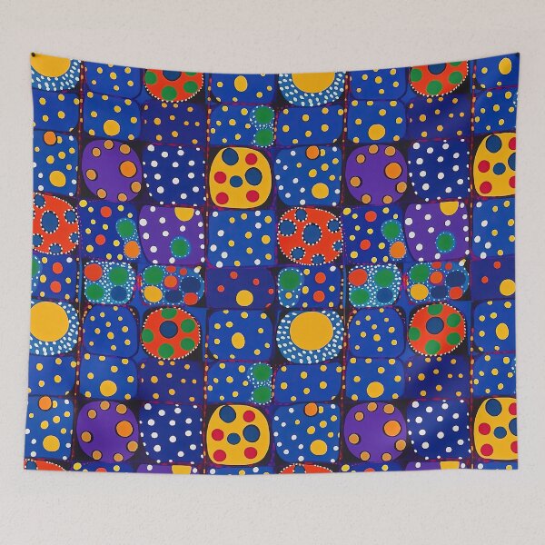 Item preview, Midnight blue and purple pattern grid with blue background and yellow, red, orange and green dots designed and sold by HandEmporium.