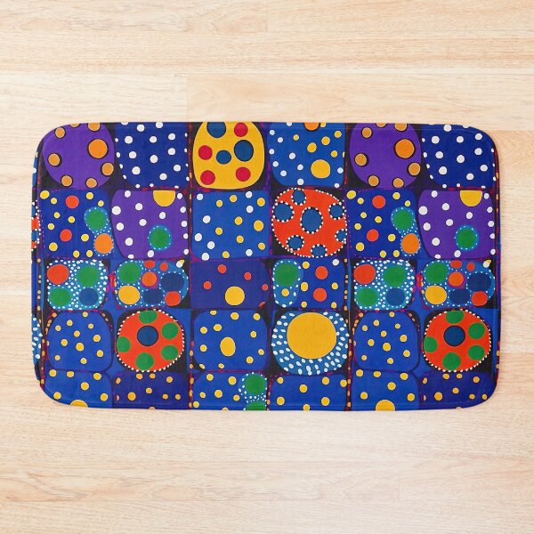 Item preview, Midnight blue and purple pattern grid with blue background and yellow, red, orange and green dots designed and sold by HandEmporium.