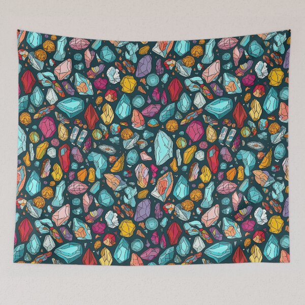 Item preview, Free flowing crystals and rocks on dark background with blue, red, yellow and purple. Seamless design, funky and cool. designed and sold by HandEmporium.