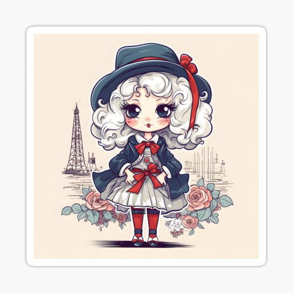 Cute Chibi French Girl in Vintage Style Sticker