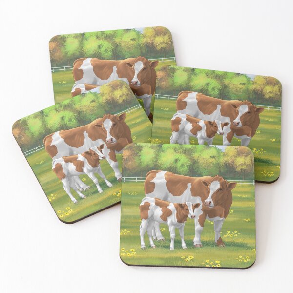 Item preview, Brown Guernsey Cow and Cute Calf in Summer Pasture designed and sold by csforest.