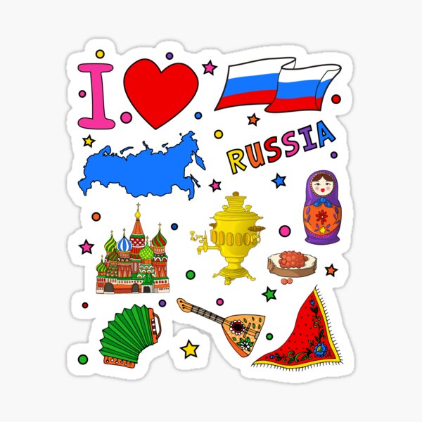 I love Russia. Hand drawn Russian Landmarks, flag and map Sticker