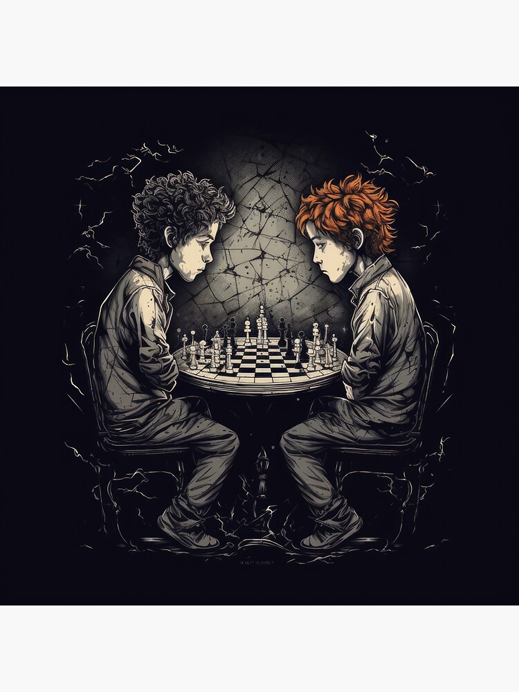 Two boys are playing chess facing each other character concept art inspired from Tim Burton Sticker