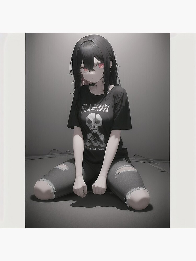 digital style painting, emo anime girl, black long m