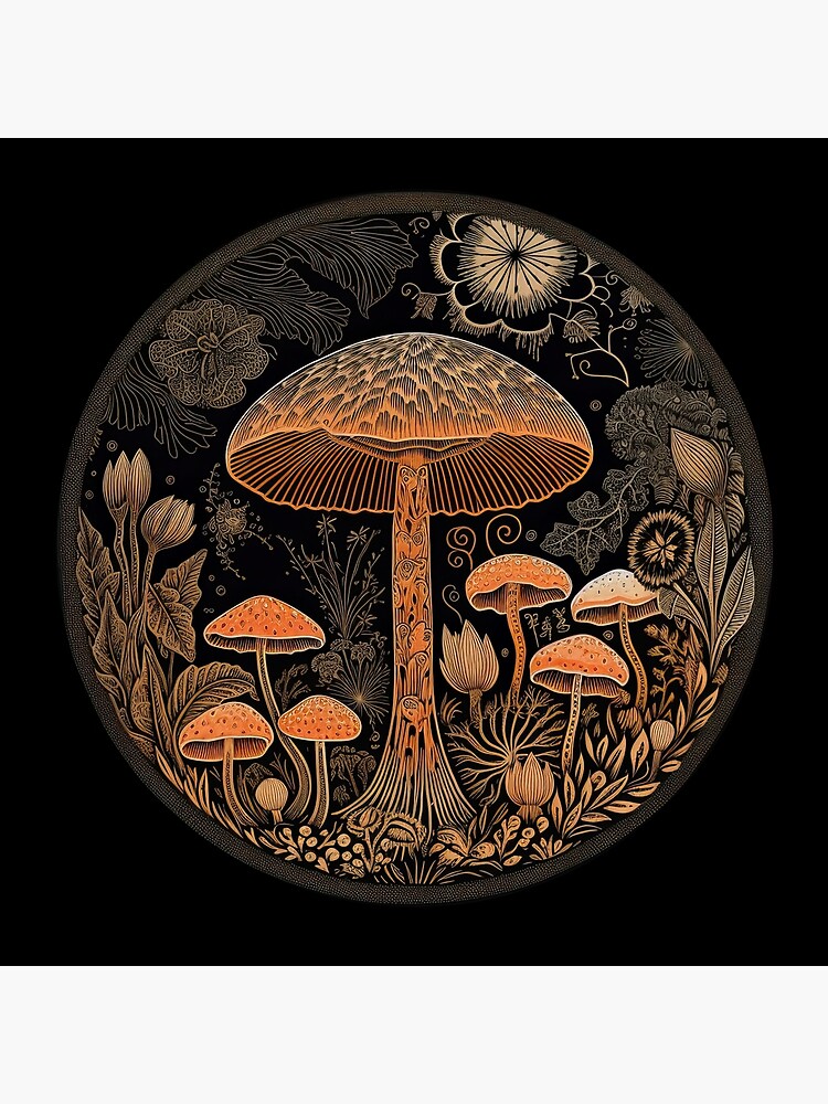 Disover Whimsical Mushrooms Illustration on circular background Premium Matte Vertical Poster