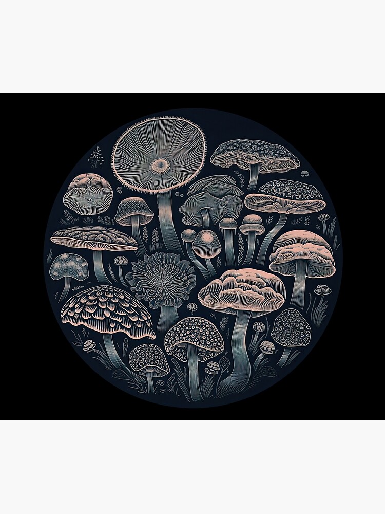 Disover Whimsical Mushrooms Illustration on circular background Shower Curtain