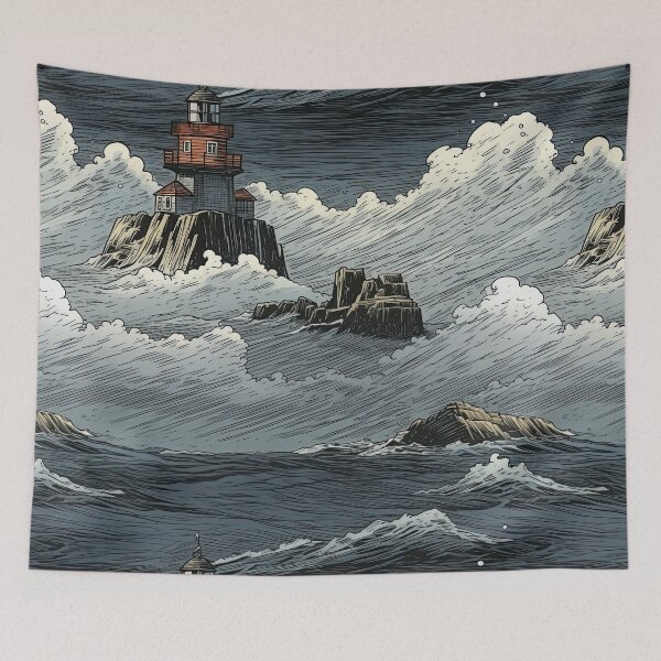 Item preview, lighthouse on a small rocky island in the middle of the ocean pattern designed and sold by obstinator.