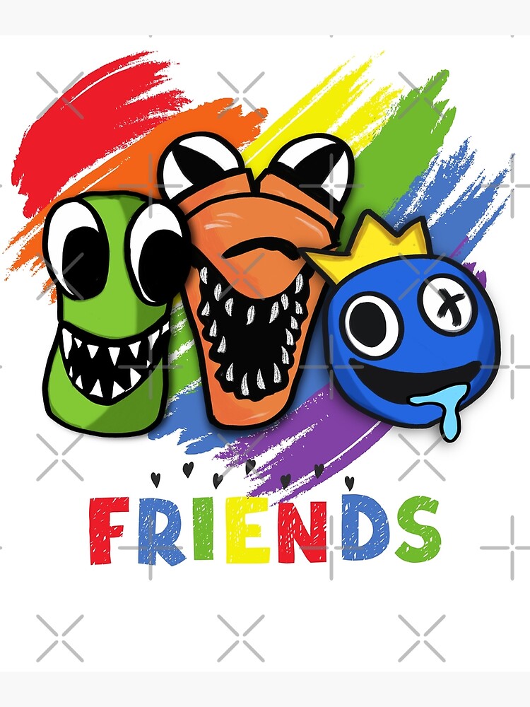 Rainbow Friends Blue x Green Hug in front of Red and Orange