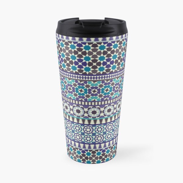 Alhambra Tessellations - Turquoise, Violet and grey on white by Cecca Designs Travel Coffee Mug