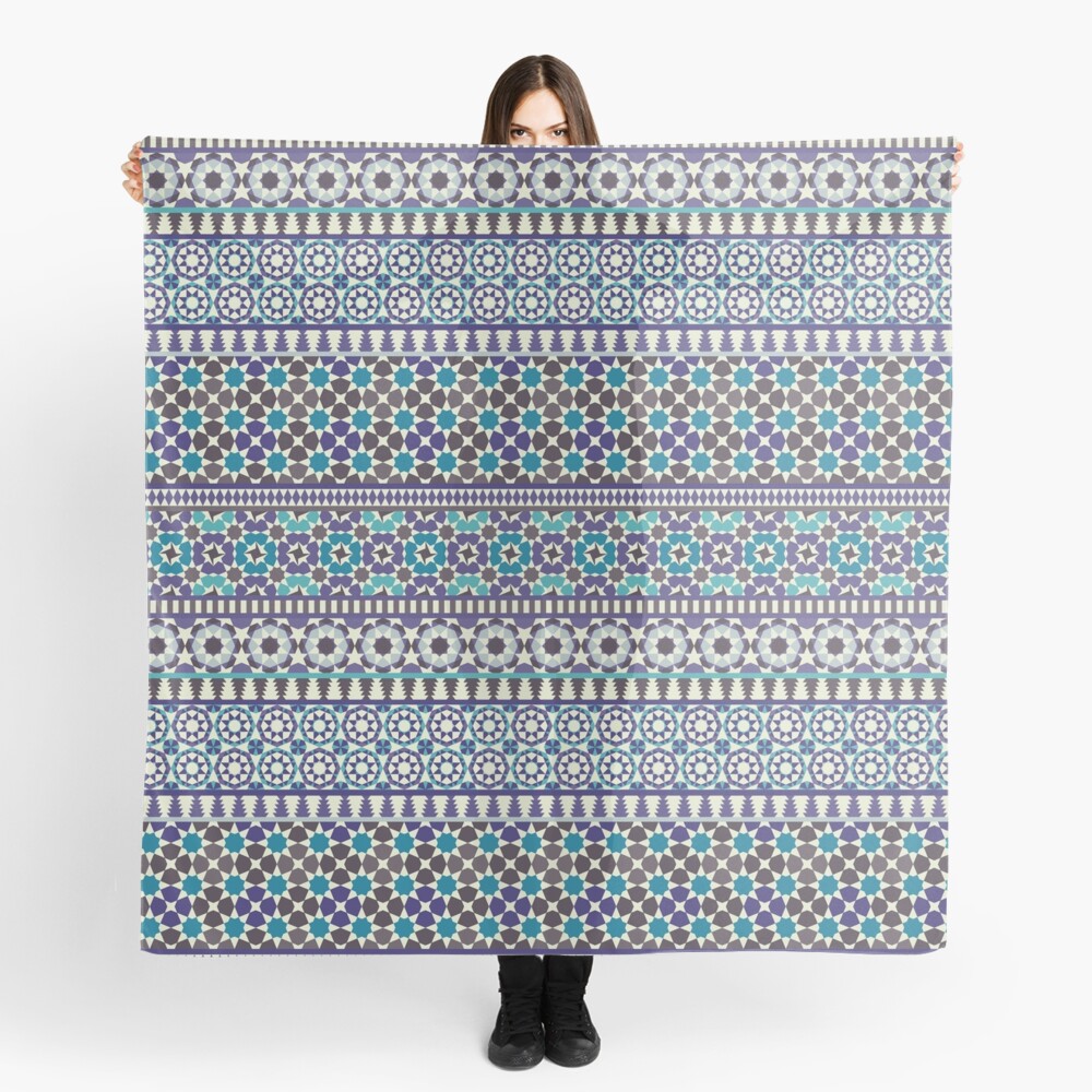 Alhambra Tessellations - Turquoise, Violet and grey on white by Cecca Designs Scarf