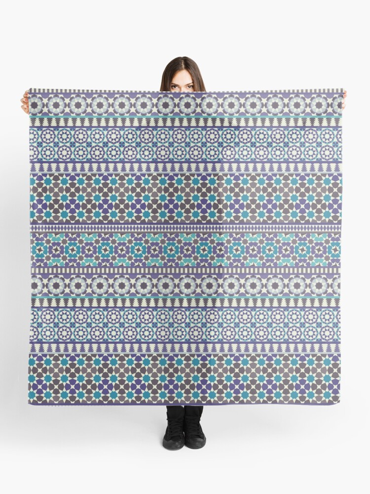 Thumbnail 1 of 3, Scarf, Alhambra Tessellations - Turquoise, Violet and grey on white by Cecca Designs designed and sold by Cecca-Designs.