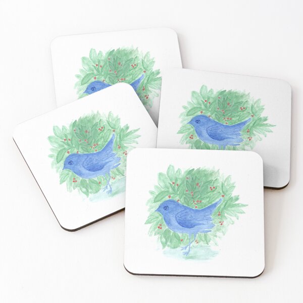 Item preview, blue bird and shrub watercolor painting designed and sold by Anna Lemos.