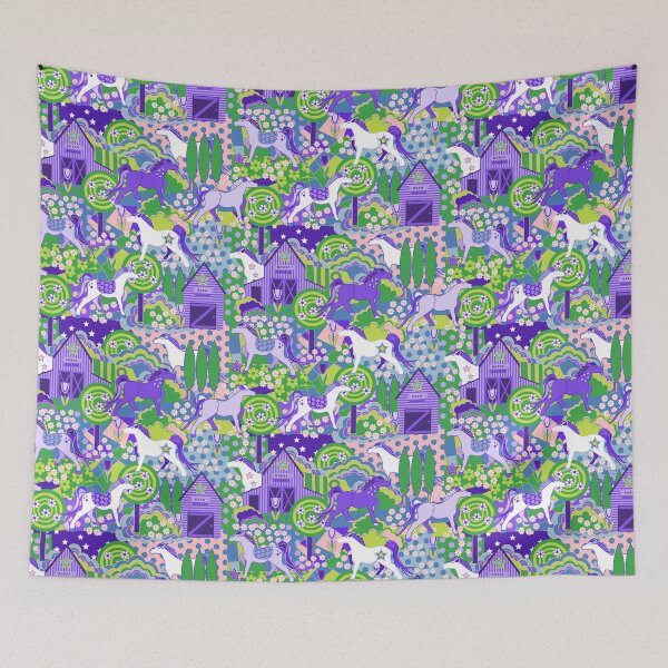 Item preview, Magical retro horses - 1970s style retro ponies and flower power - purple and pink  designed and sold by BlackDogArtists.