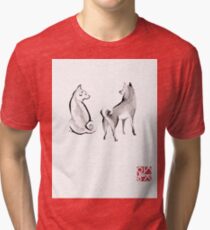 Two Shiba Inu card, Unique Sumi-e Painting, Japanese Cute dog Couple breed Ink Animal Illustration B&W Asia Zen Birthday Poster Tri-blend T-Shirt