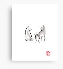 Two Shiba Inu card, Unique Sumi-e Painting, Japanese Cute dog Couple breed Ink Animal Illustration B&W Asia Zen Birthday Poster Metal Print