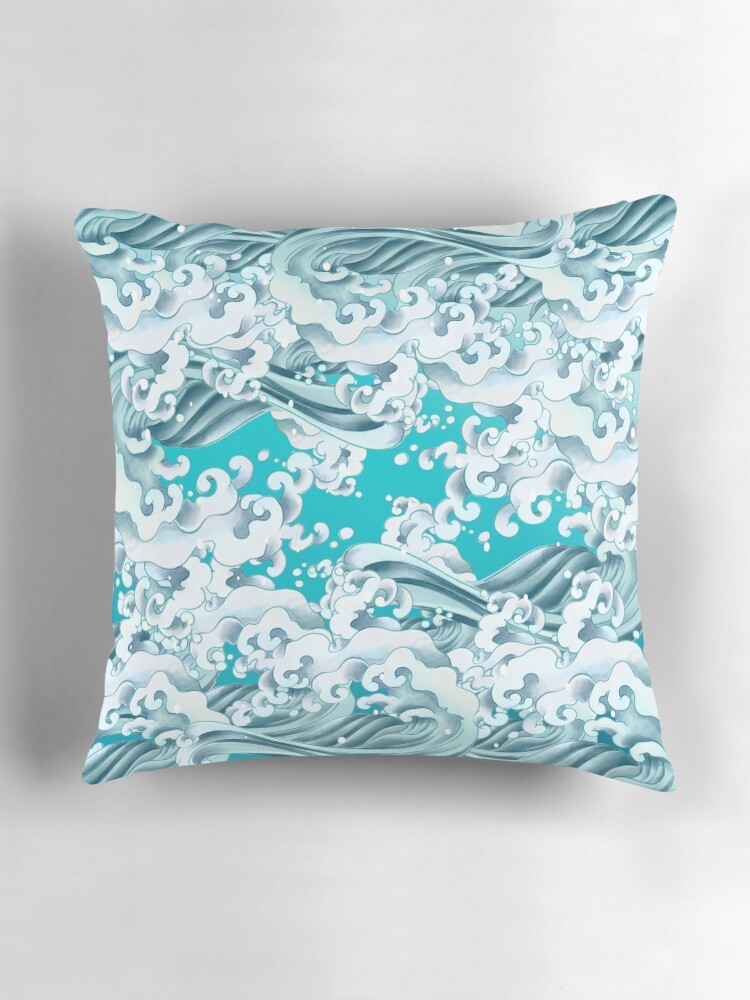Aperçu 3 sur 4. Coussin avec l'œuvre The Great Wave Of Pug Pattern créée et vendue par NoobsDesign.