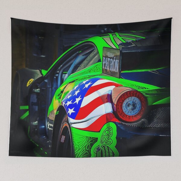 Item preview, Ferrari race car, green and American flag designed and sold by germaineburnet.