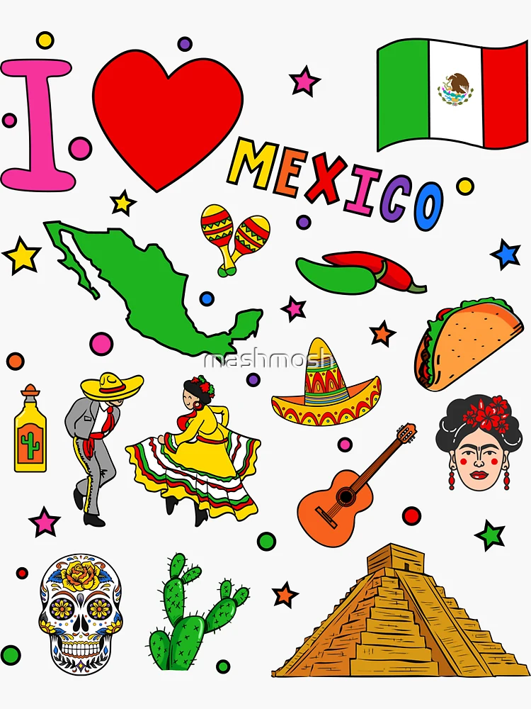 I love Mexico. Hand drawn Mexican Landmarks, flag and map Sticker for Sale  by mashmosh