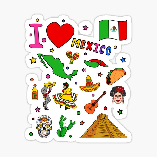 I love Mexico. Hand drawn Mexican Landmarks, flag and map Sticker for Sale  by mashmosh