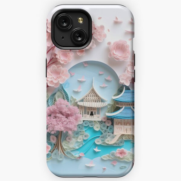 Paper quilling illustration of a japanese temple with sakura trees iPhone Tough Case
