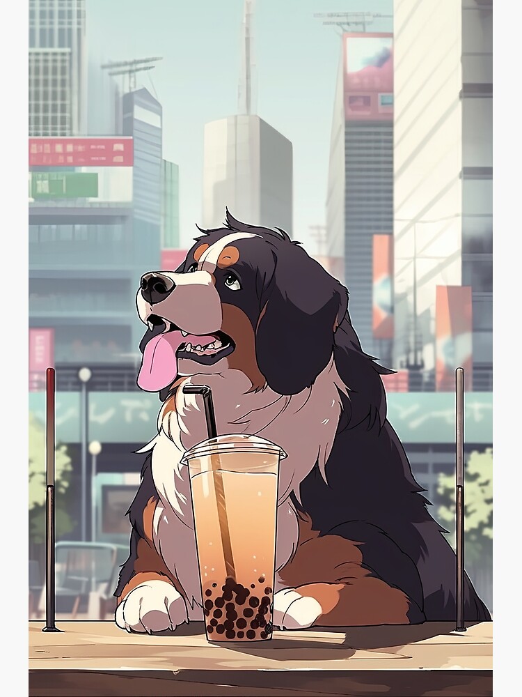 Discover Bernese Mountain Dog Drinking Bubble Tea Premium Matte Vertical Poster