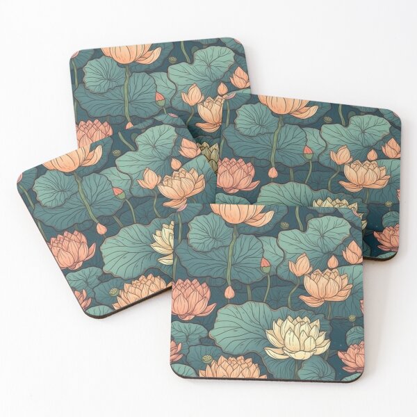 Item preview, Ethereal Vintage Lotus Blossoms: Hand-Drawn Pink & White Florals on a Dark Canvas designed and sold by EndlessTextures.