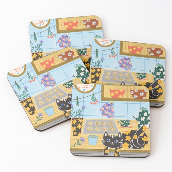 Item preview, Floral black cat on the kitchen counter with freshly cooked chocolate cookies designed and sold by pinkyfish1010.